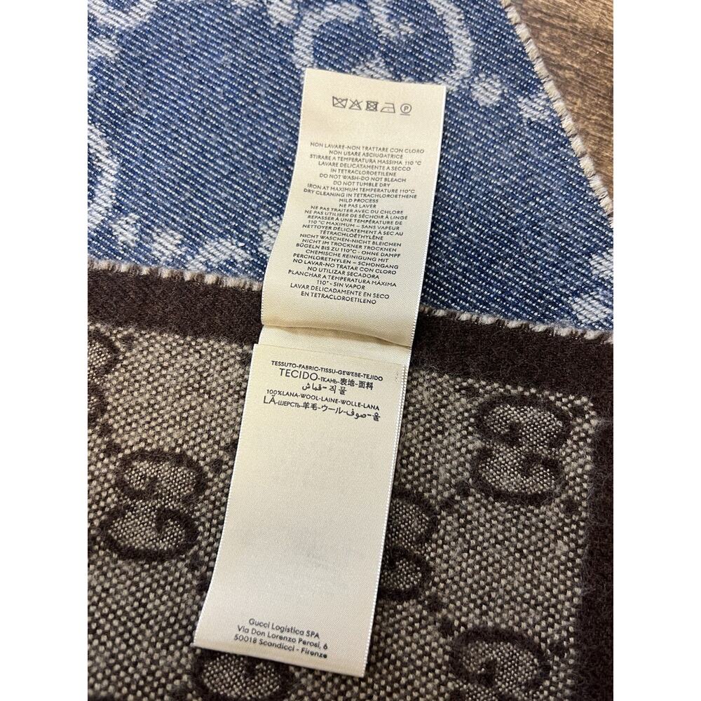 GUCCI Jacquard GG Pattern Reversible Wool Scarf In Blue & Brown Made In Italy - Picture 7 of 11